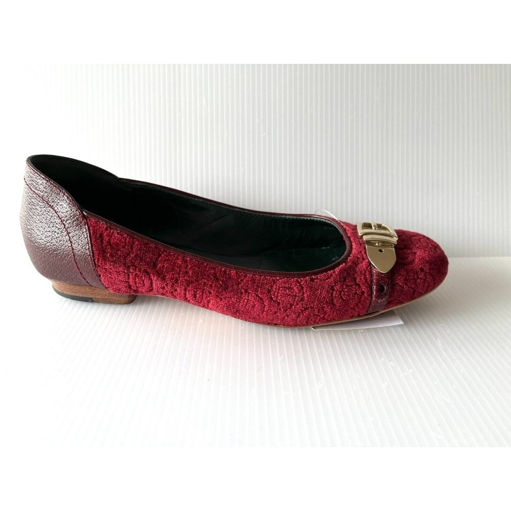 Gucci Red Velvet & Leather Ballet Flats W/ Silver Buckles, Size 7 (US)